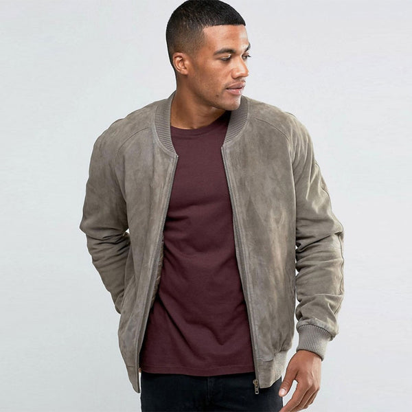 Men's 100% Suede Bomber Jacket in Light Grey, Size Large, Suede Leather by Quince