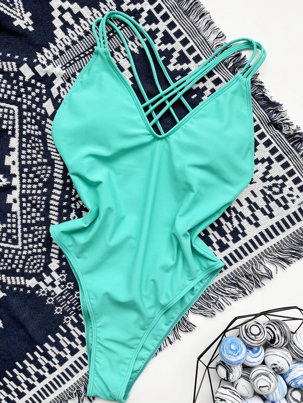 Zkozptok Women's Swimsuits Solid Beach Bathing Suits Hanging Neck Bikini  Backless Lady Bra Swimwear,Green,L 