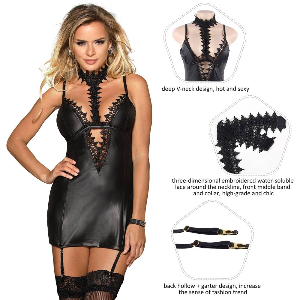 Faux Leather Exquisite Lace Choker Neck Babydoll