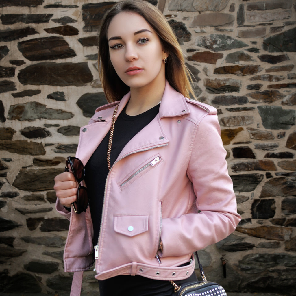 Women&#39;s Leather Biker Jacket in Pink - Jada