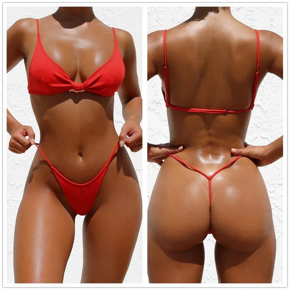 Solid Push Up Micro Bikini Set With Thong C String Bikini Bottom