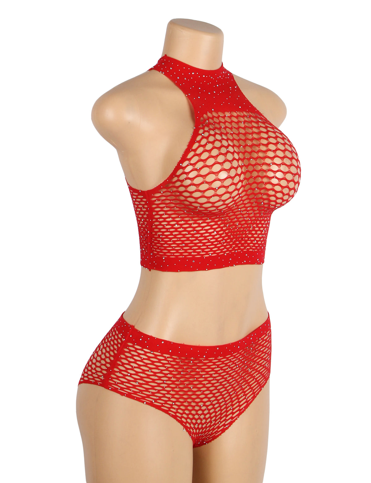 Two Piece 2 Colors Fishnet Rhinestone See Through Bikini