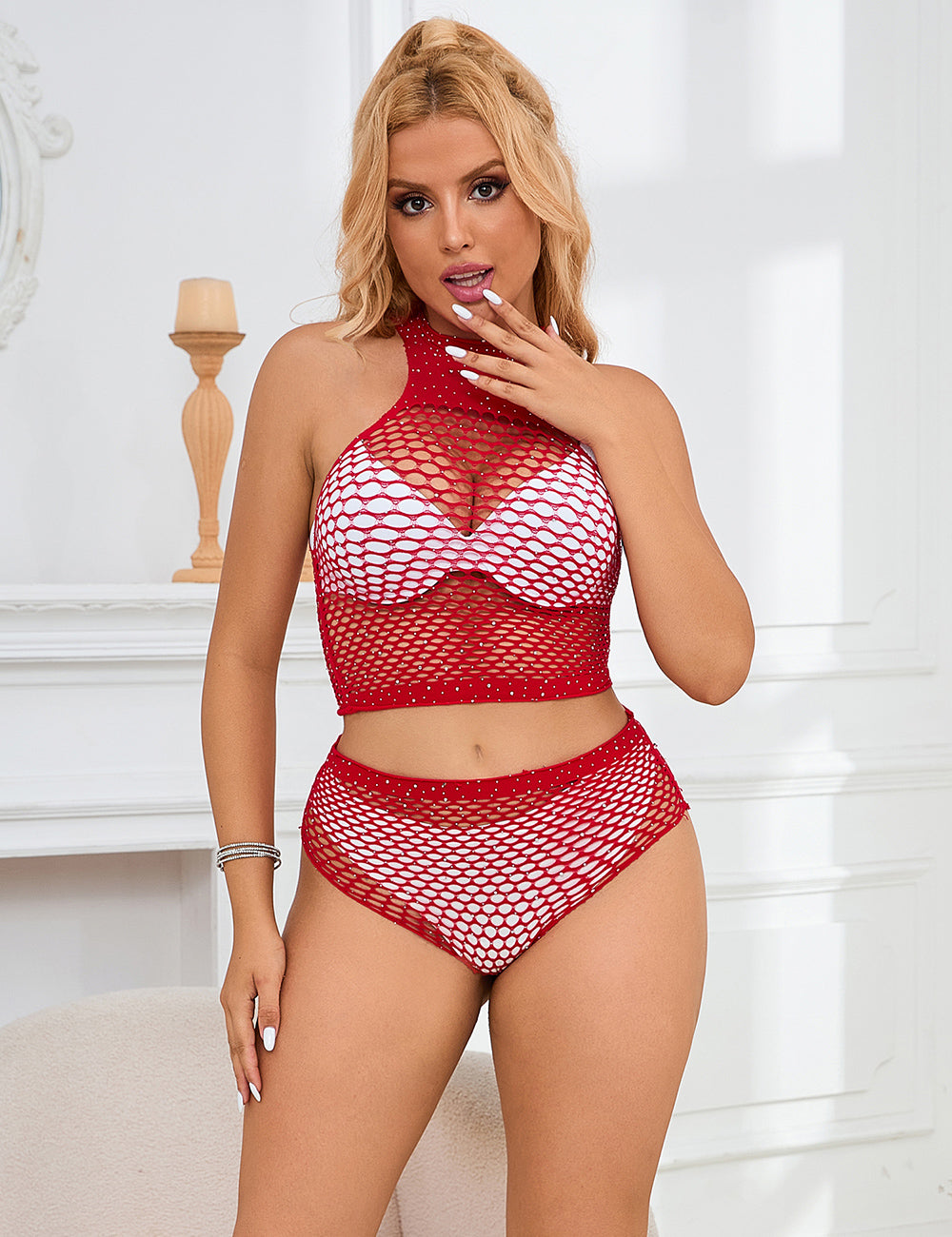 Two Piece 2 Colors Fishnet Rhinestone See Through Bikini