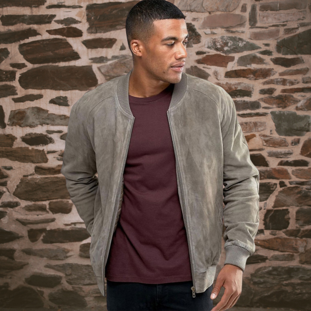 Men&#39;s Suede Bomber Jacket - Richard in Grey Suede