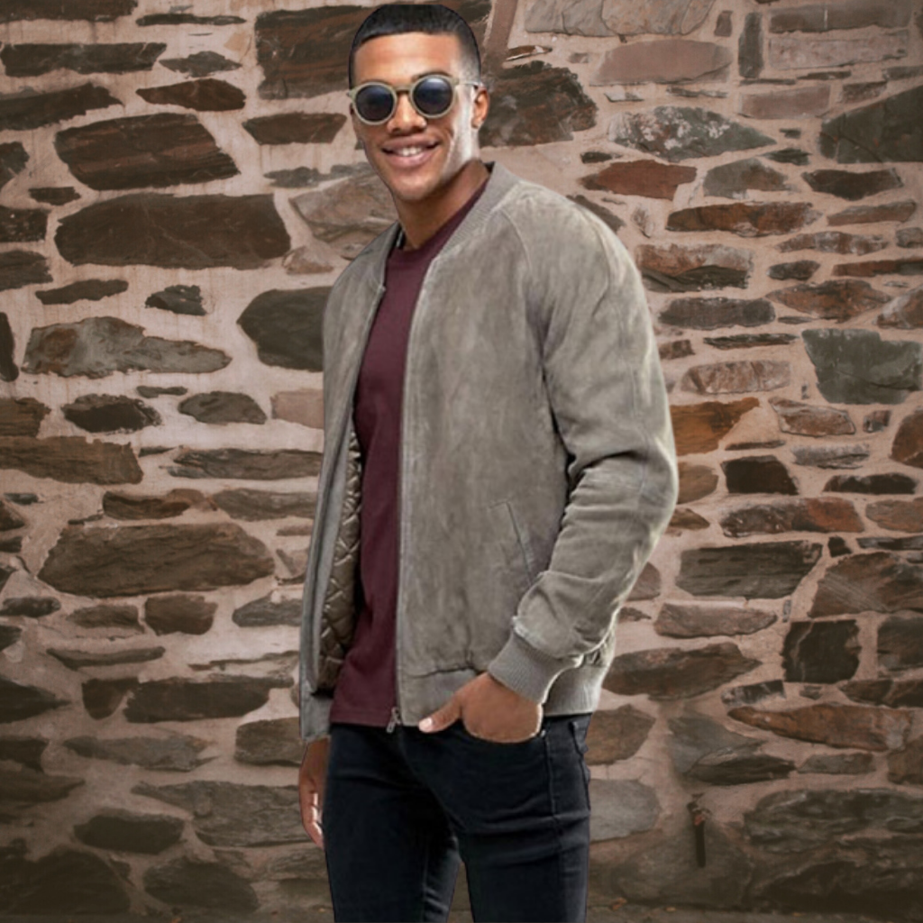 Men&#39;s Suede Bomber Jacket - Richard in Grey Suede