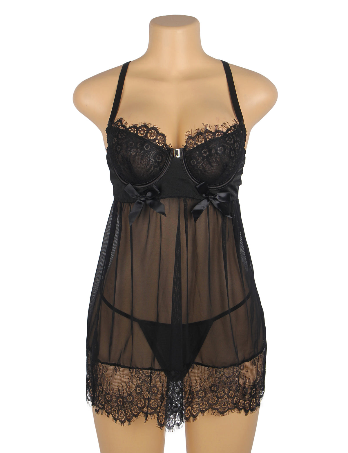 Sexy Eyelash Lace Mesh Cross Straps Push Up Nightdress