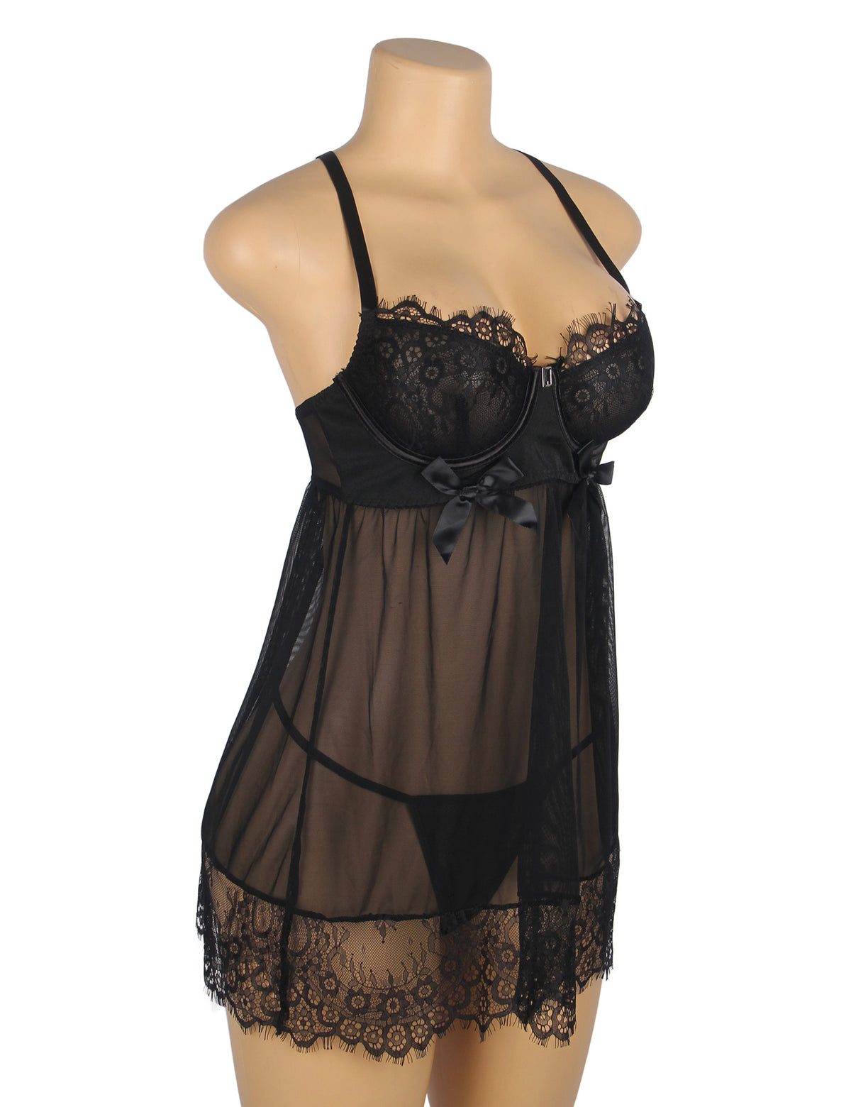 Sexy Eyelash Lace Mesh Cross Straps Push Up Nightdress