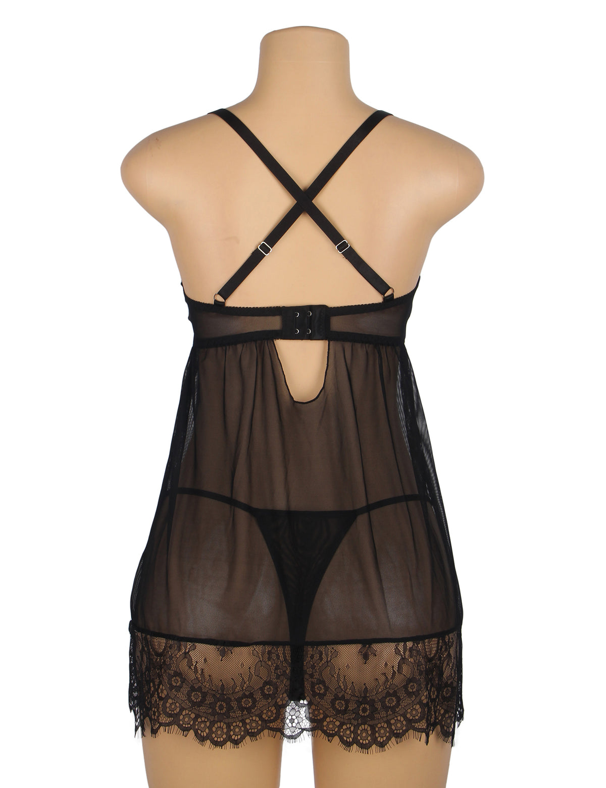 Sexy Eyelash Lace Mesh Cross Straps Push Up Nightdress