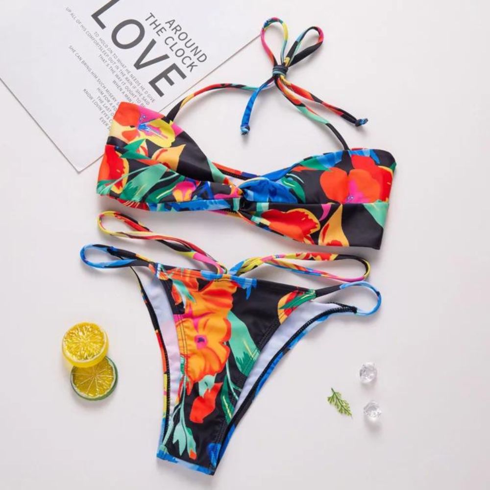 Dropping Halter Lace Up Floral Printed Bikini