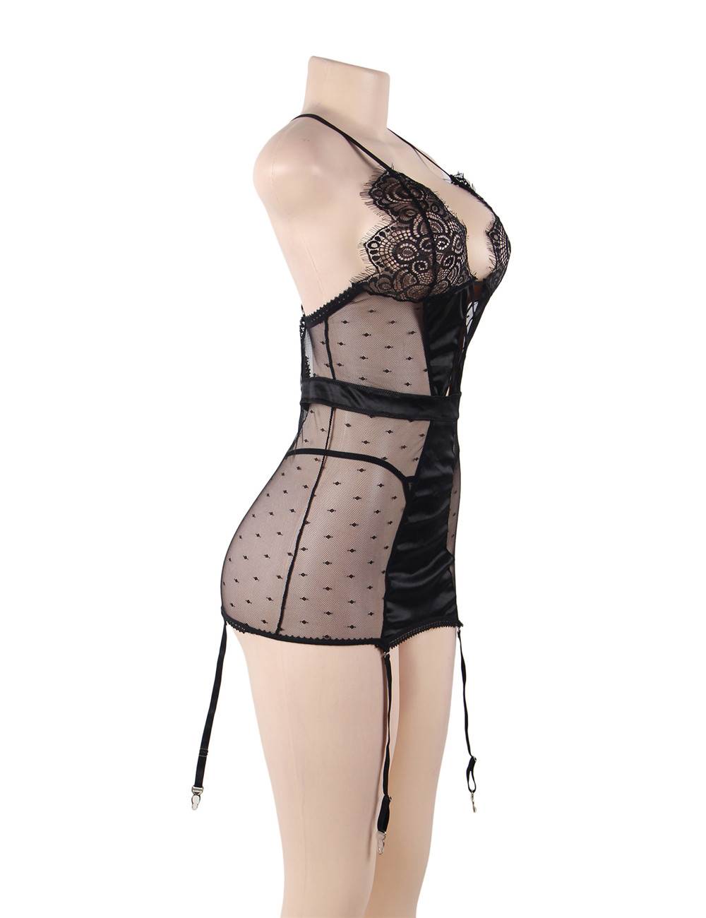 See-through Mesh Garter Lingerie with G String - Plus Size Black