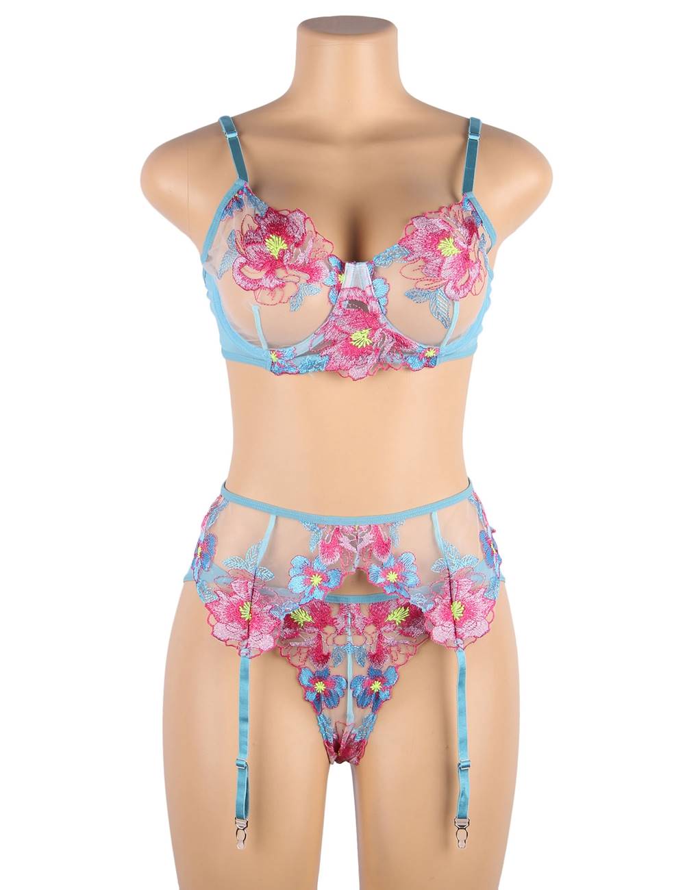 Floral Embroidery Underwire Garter Lingerie Set P