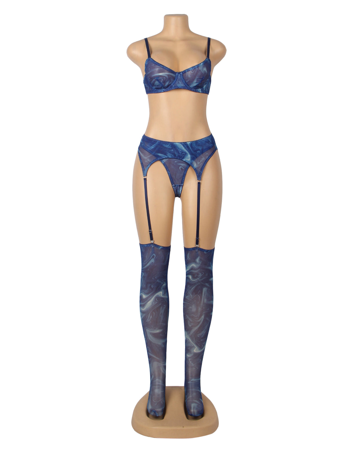 Blue Mesh Printed Sexy 5 Piece Bra Set