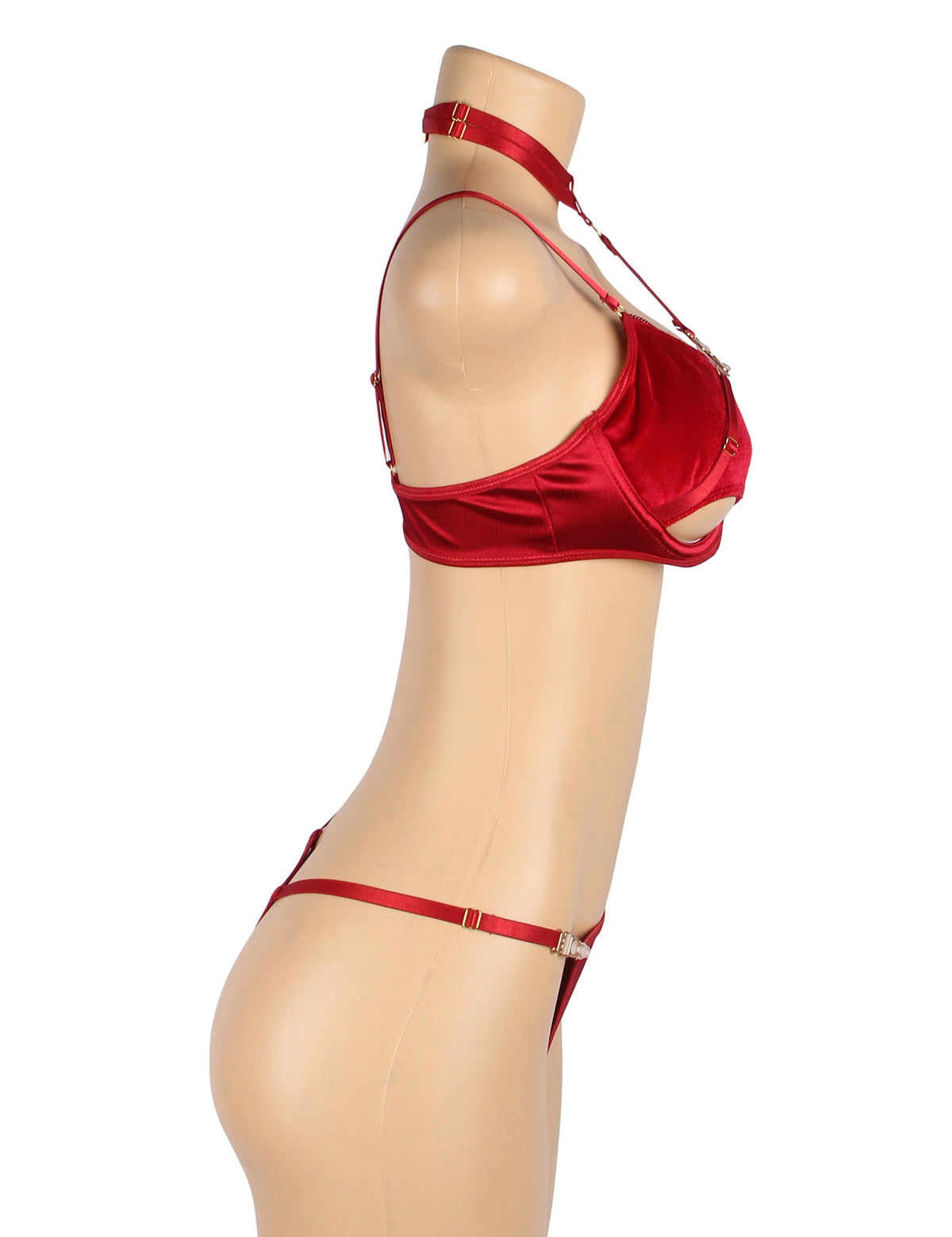 Sexy Velvet Hollow Cut Halter Bra Set Red