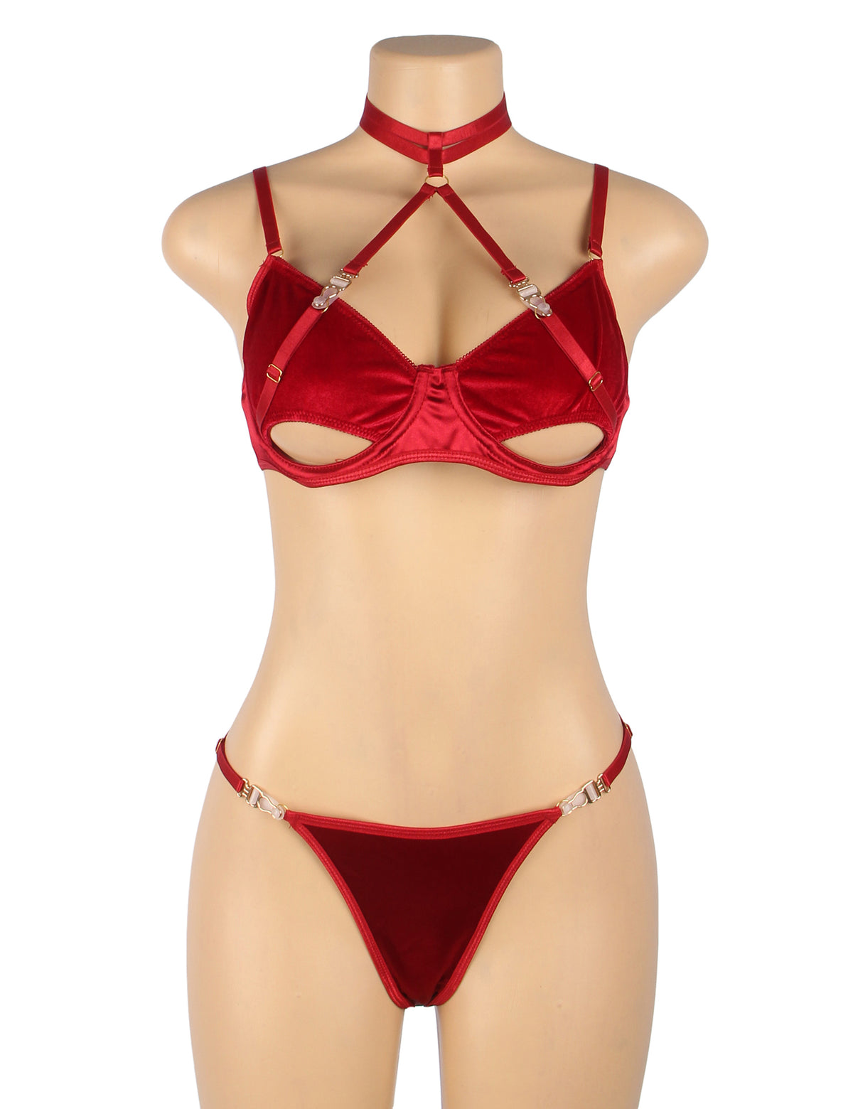 Sexy Velvet Hollow Cut Halter Bra Set Red