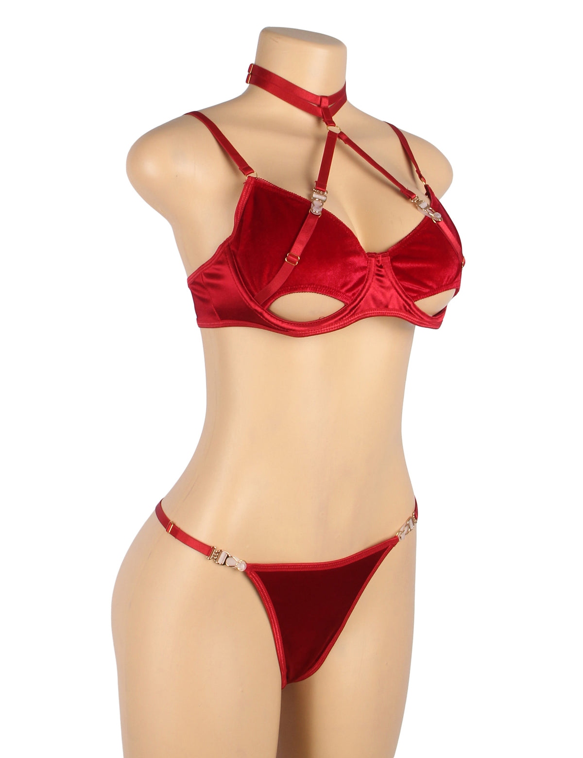 Sexy Velvet Hollow Cut Halter Bra Set Red