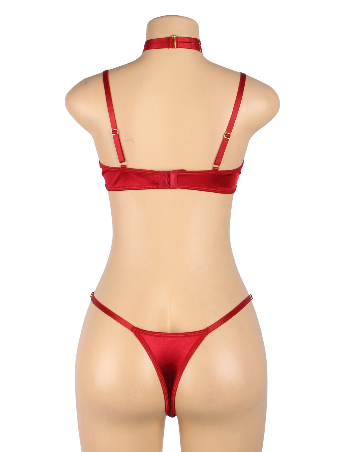 Sexy Velvet Hollow Cut Halter Bra Set Red