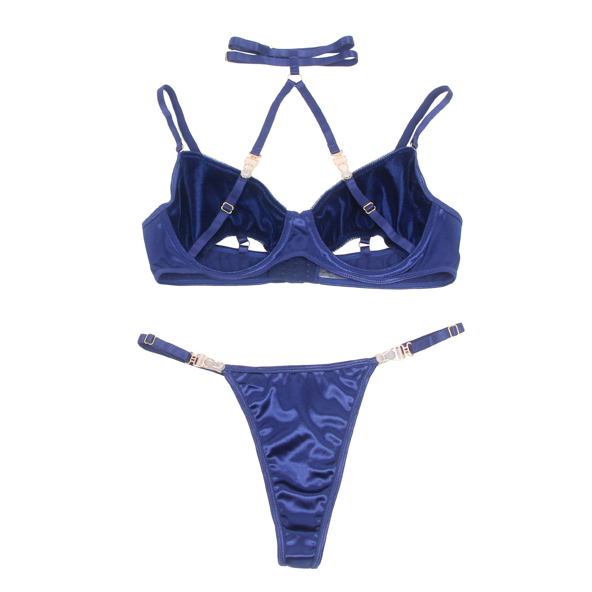 Sexy Velvet Hollow Cut Halter Bra Set Blue Plus