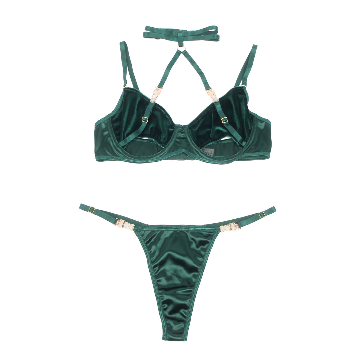 Sexy Velvet Hollow Cut Halter Bra Set Green Plus