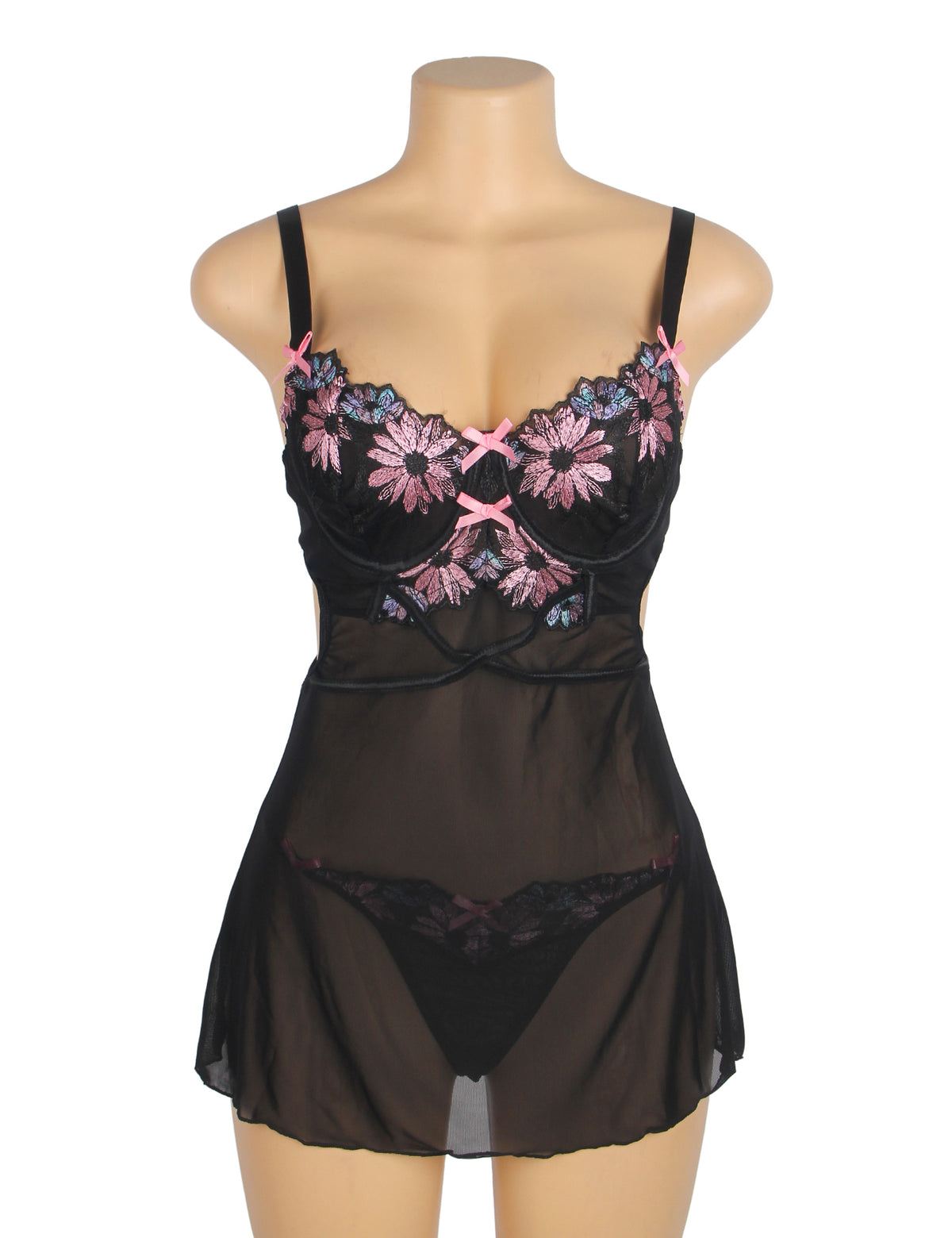 Sexy Mesh Floral Embroidery Lift Bra Nightdress