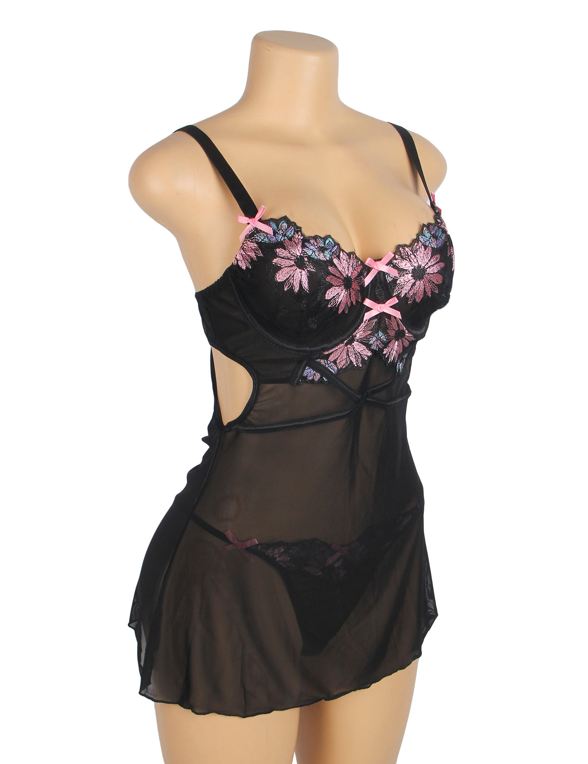 Sexy Mesh Floral Embroidery Lift Bra Nightdress