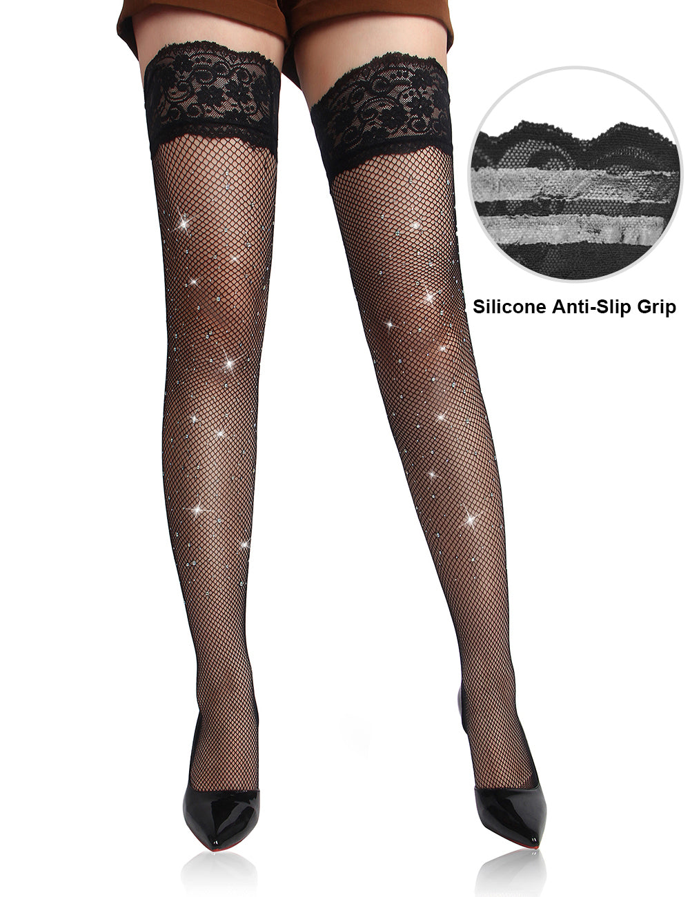 Black Silicone non-slip Fishnet Diamonds Long Stockings