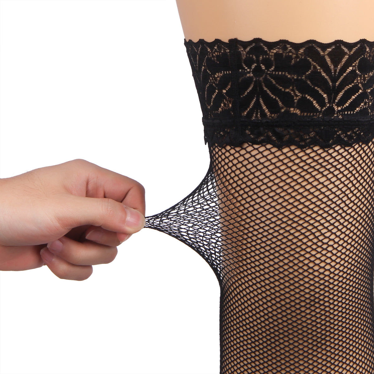 Black Fishnets Thigh High Stockings Silicone Lace Top Stay Up Sheer Hosiery