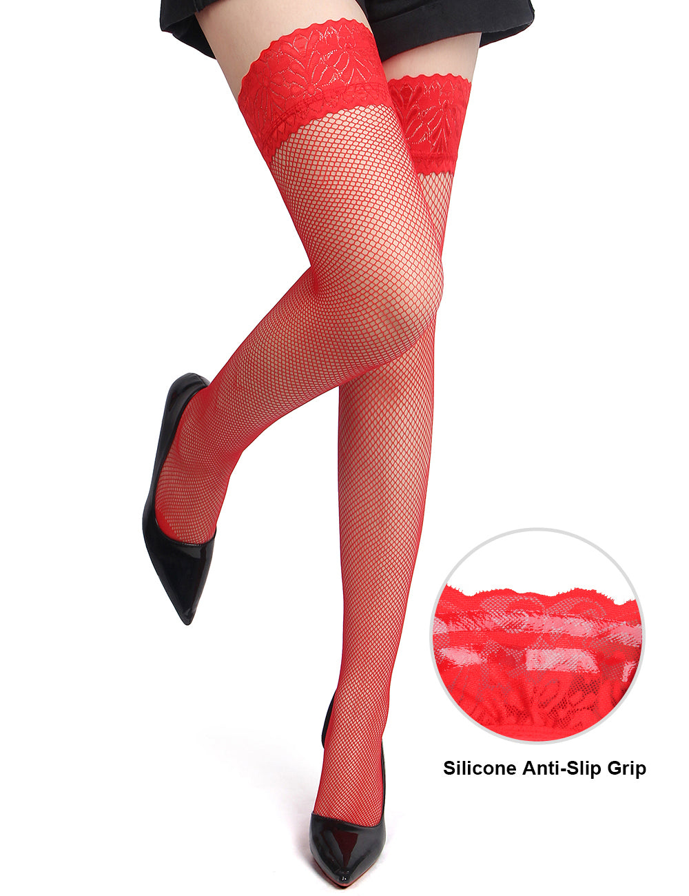 Red Fishnets Thigh High Stockings Silicone Lace Top Stay Up Sheer Hosiery