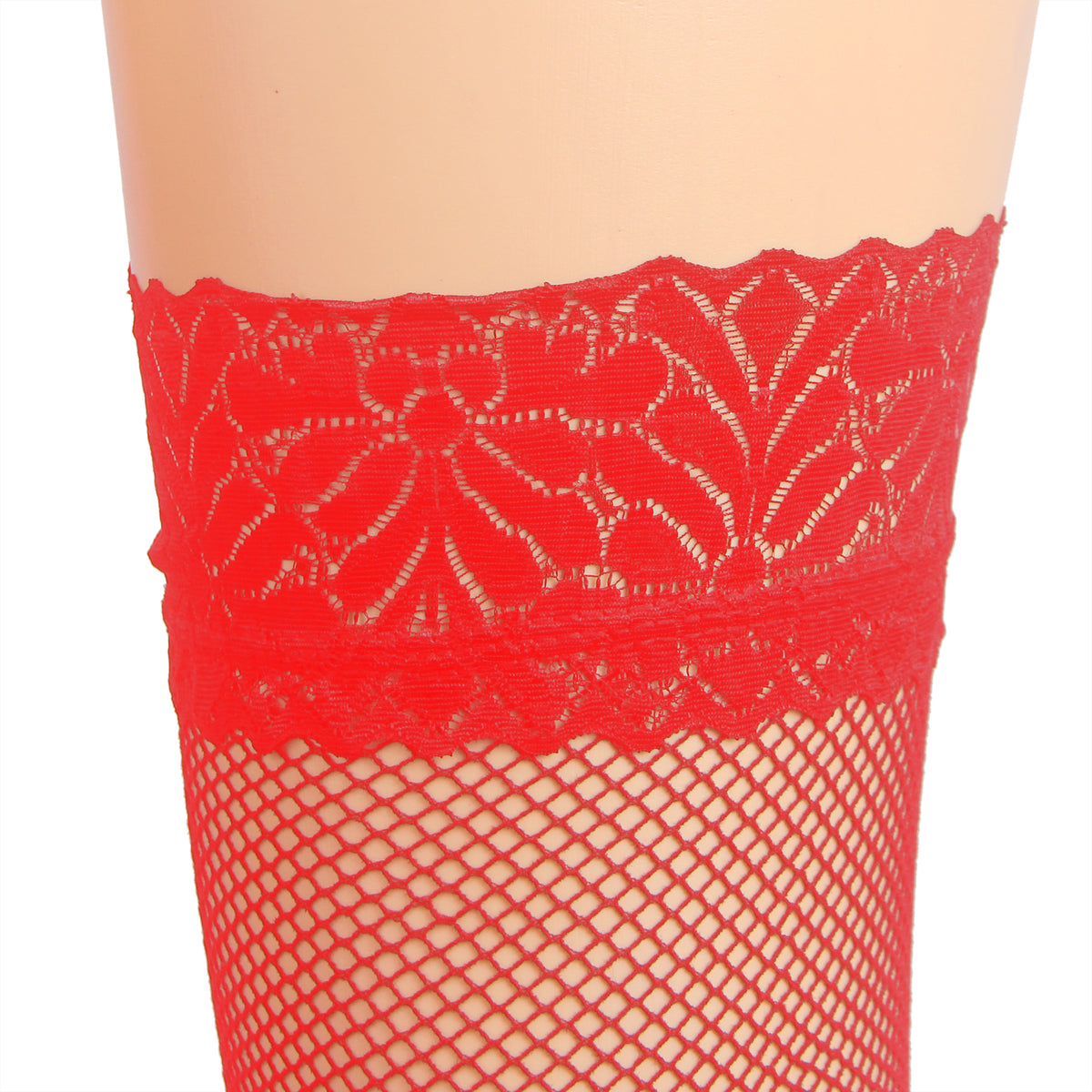 Red Fishnets Thigh High Stockings Silicone Lace Top Stay Up Sheer Hosiery