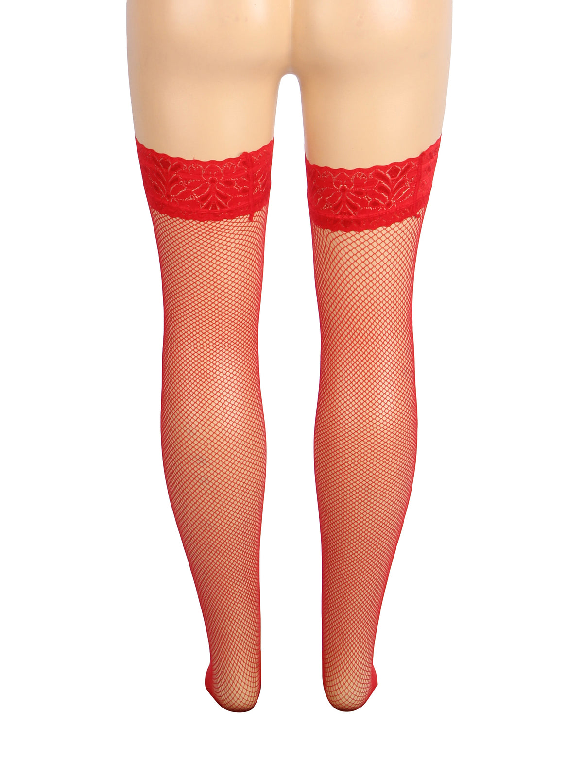 Red Fishnets Thigh High Stockings Silicone Lace Top Stay Up Sheer Hosiery