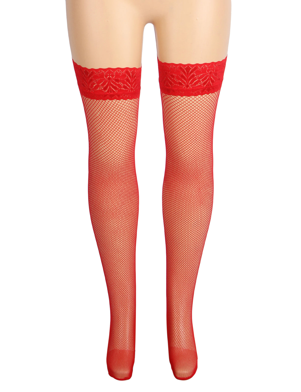 Red Fishnets Thigh High Stockings Silicone Lace Top Stay Up Sheer Hosiery