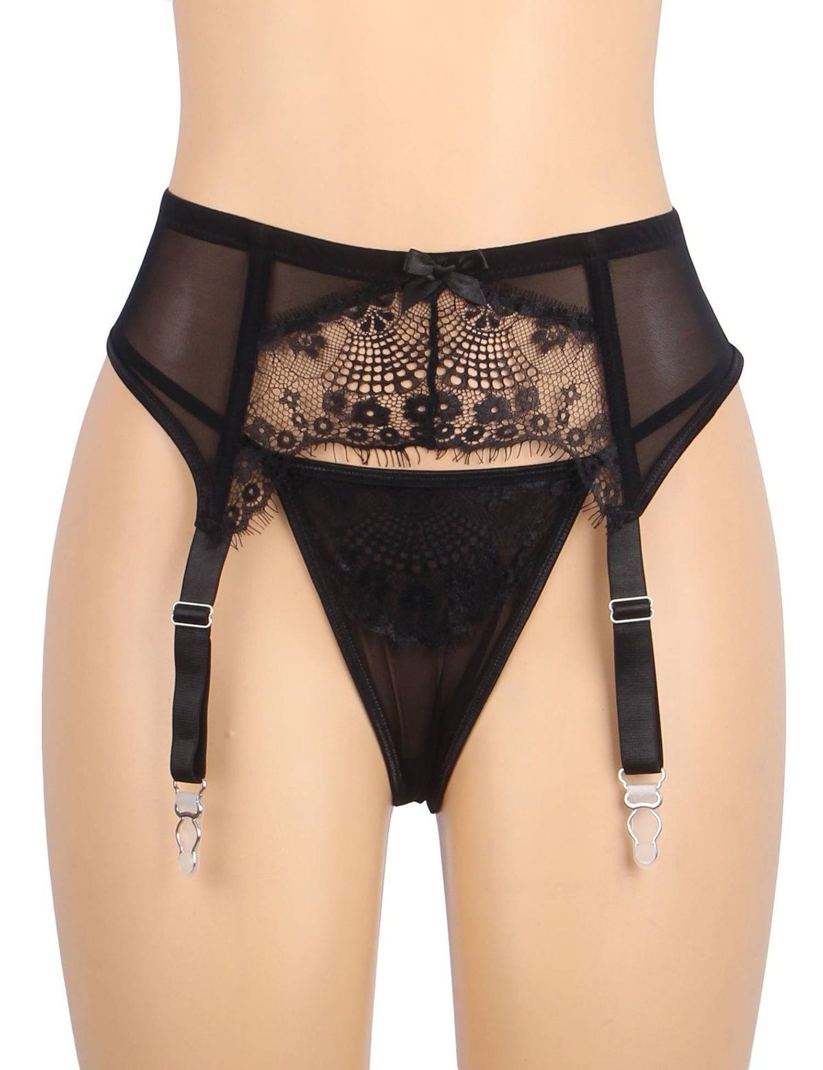 Black Sexy Eyelash Lace Metal Clips Garter Panty 10