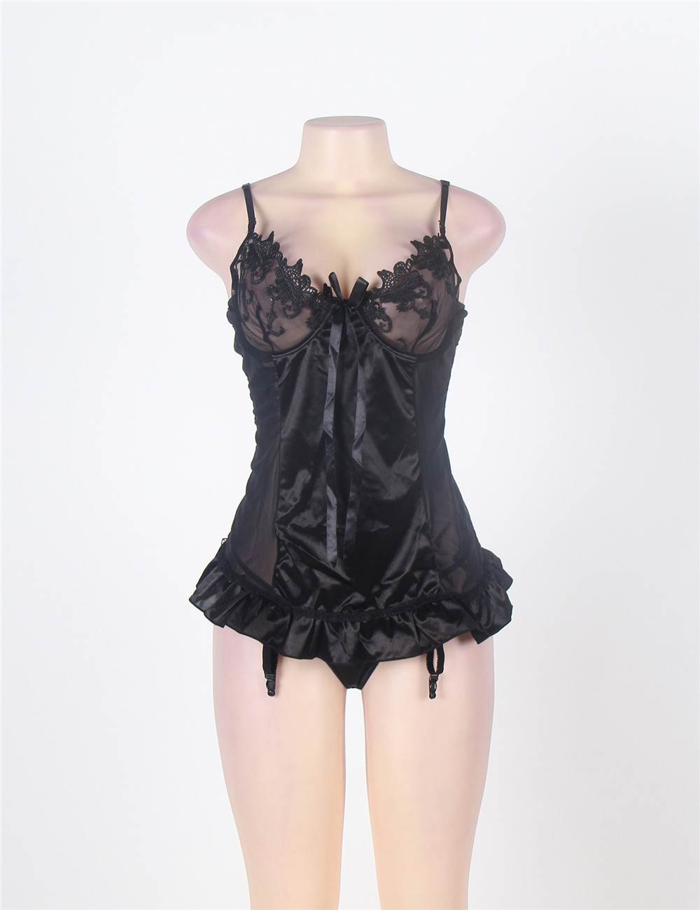 Sexy Black Embroidery Bra Ruffle Croch Back Babydoll Plus size