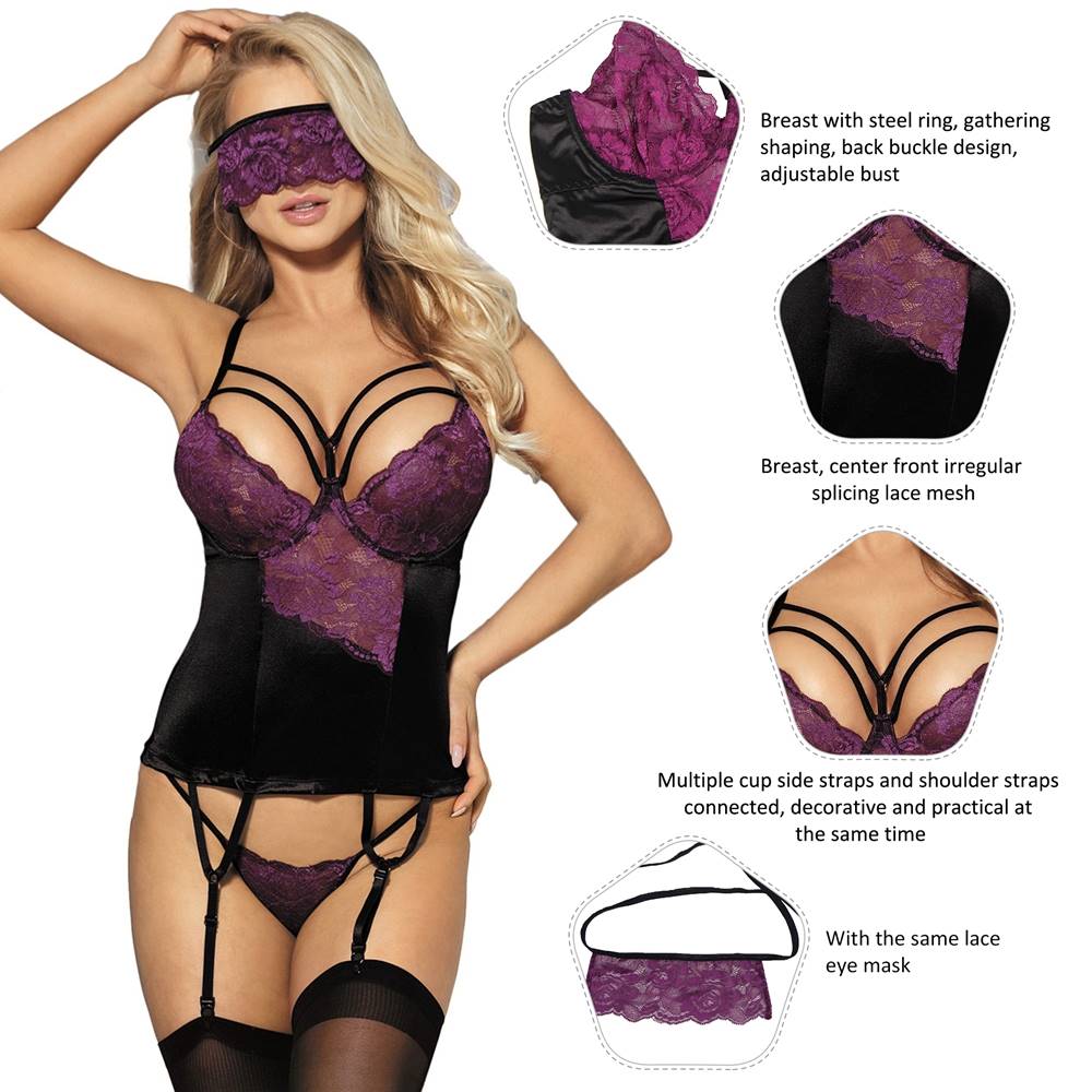 Sexy Purple Lace Bustier Lingerie Set with Bra Rim Plus size