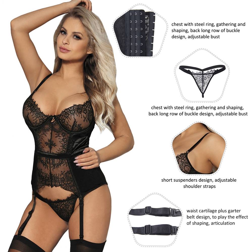 Elegant Eyelash Lace Garter Lingerie with Underwire Plus Size