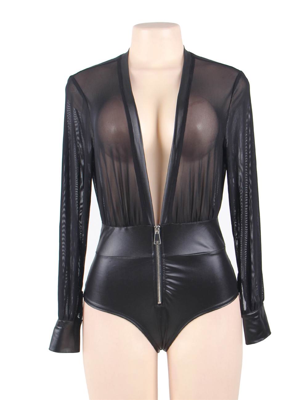 V Neck Zipper Leather Teddy Plus Size