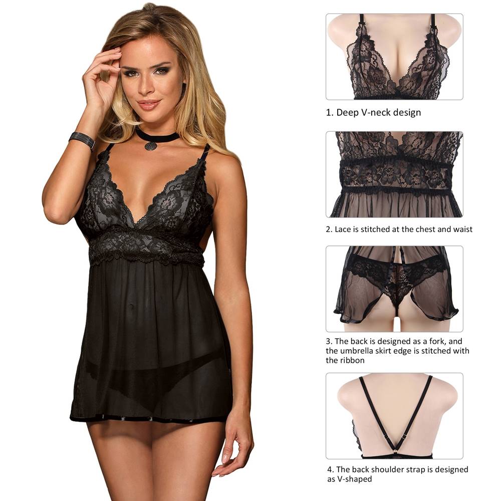 Elegant Backless Fly Away Babydoll - Black Plus size