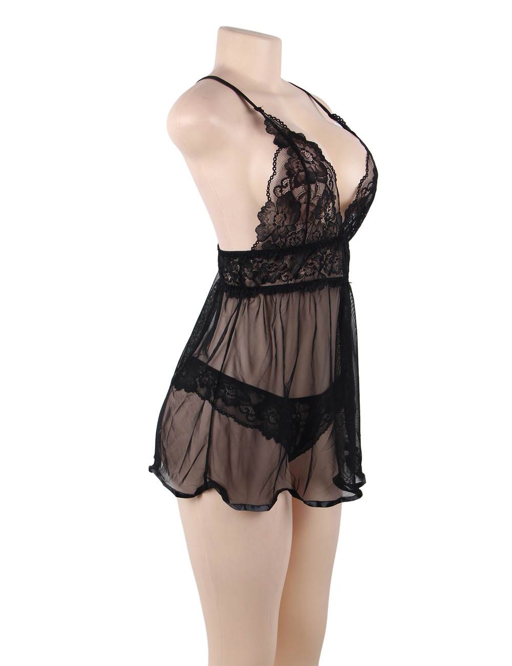 Elegant Backless Fly Away Babydoll - Black Plus size