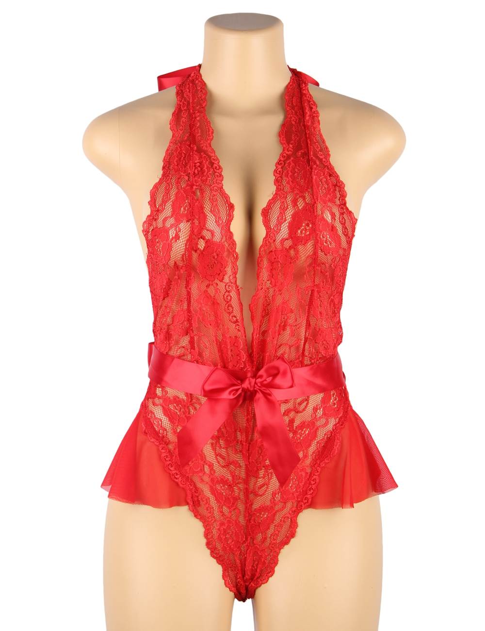 Sexy Red Halter V Neckline Ruffle Teddy with a belt - Red.