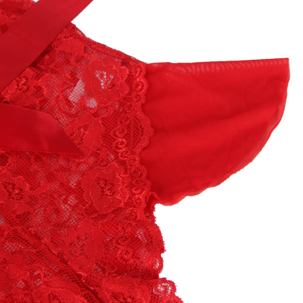 Sexy Red Halter V Neckline Ruffle Teddy with a belt - Red.