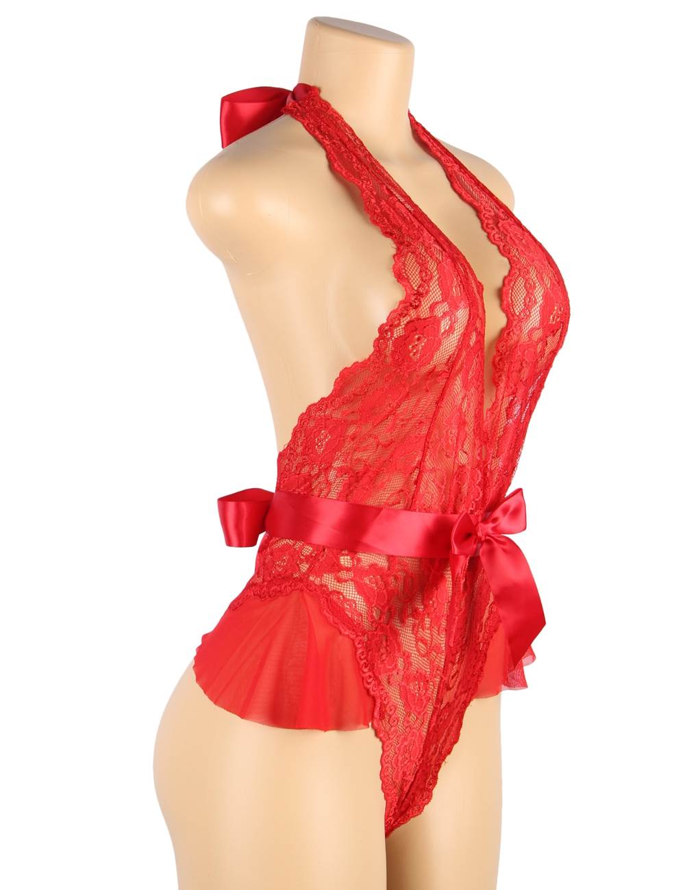 Sexy Red Halter V Neckline Ruffle Teddy with a belt - Red.