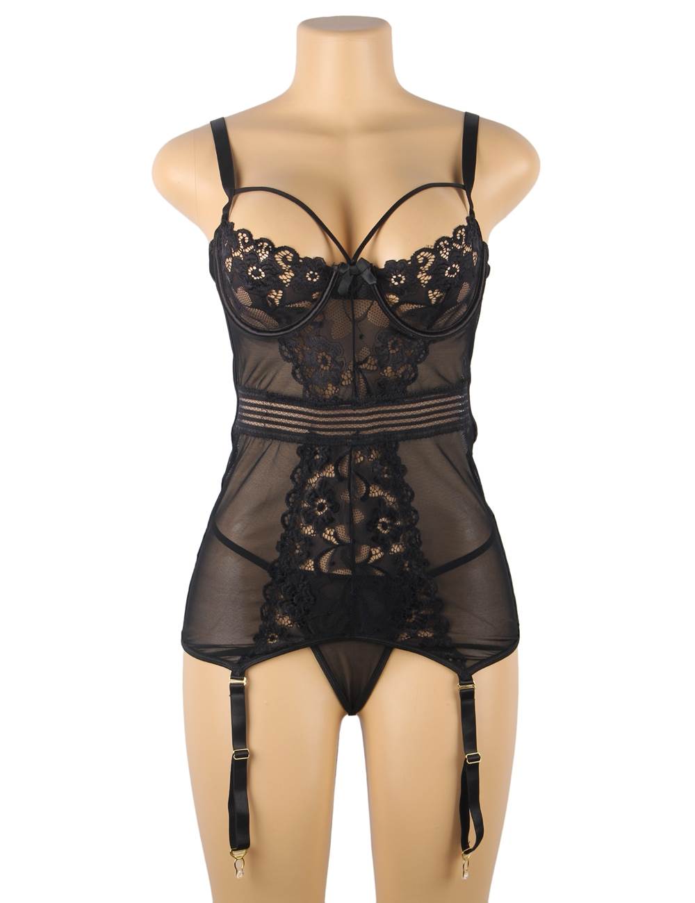 Mesh Stitching Black Lace Garter Babydoll with Underwire