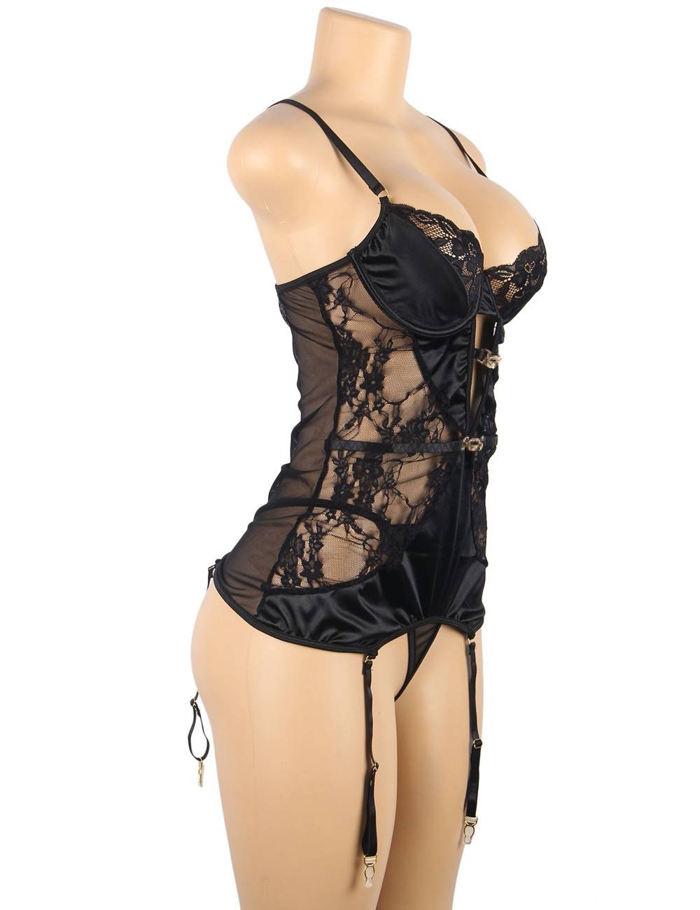 Delicate lace Stitching Gartered Lingerie with Underwire Black Plus Size