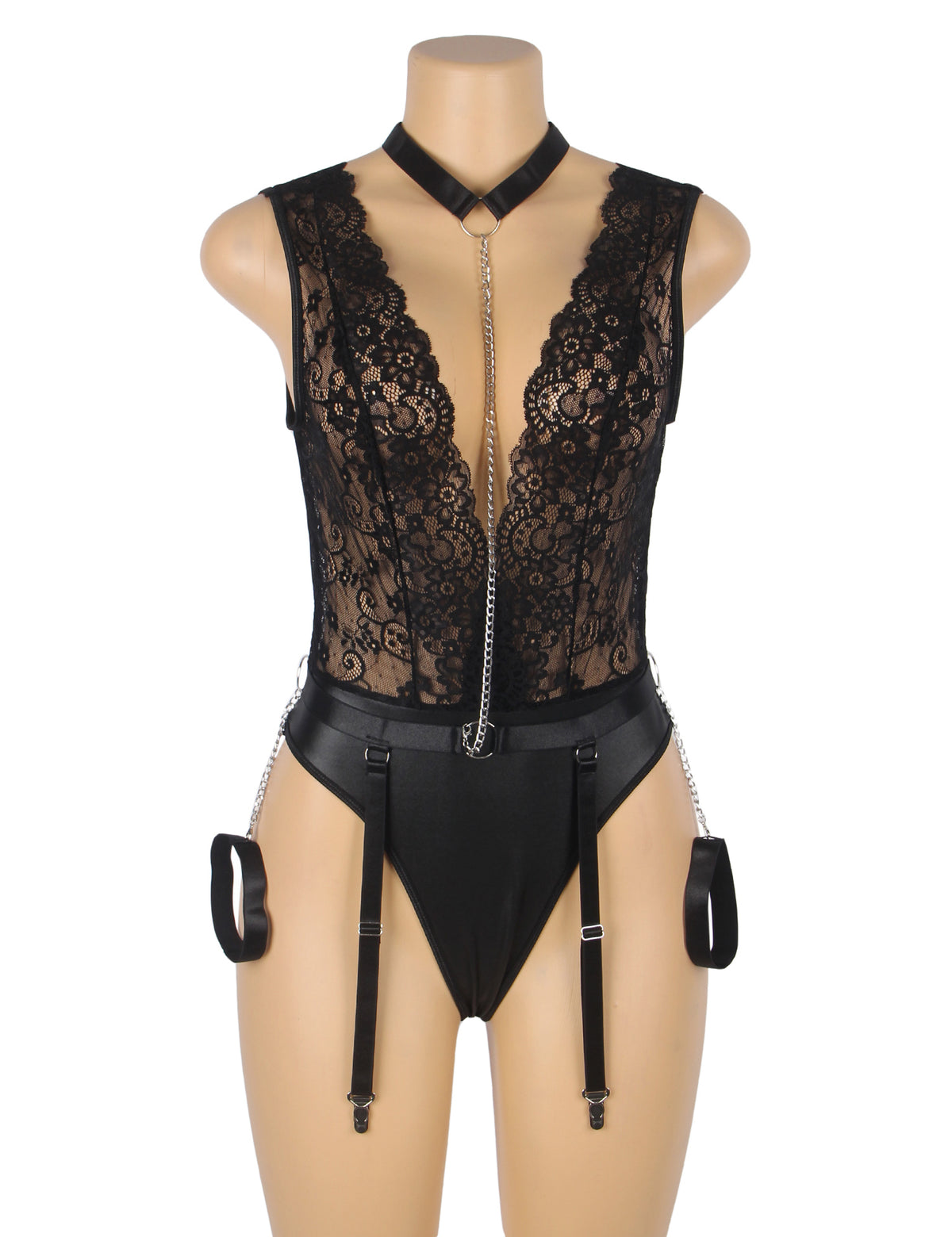 Sleeveless Lace Deep V-neck Faux Leather Bodysuit