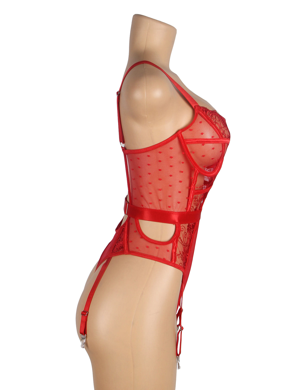 Sexy Embroidery Lace Hollow Suspender Bodysuit Red