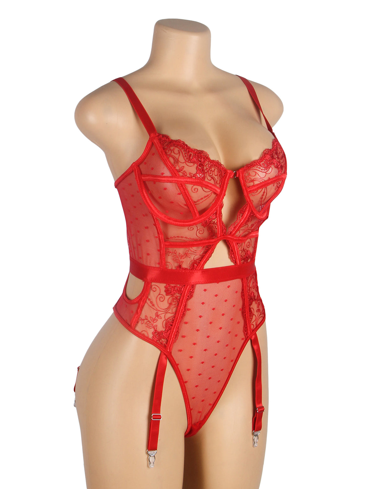 Sexy Embroidery Lace Hollow Suspender Bodysuit Red