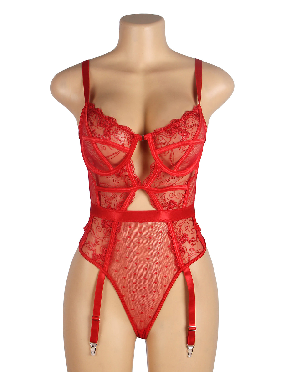 Sexy Embroidery Lace Hollow Suspender Bodysuit Red