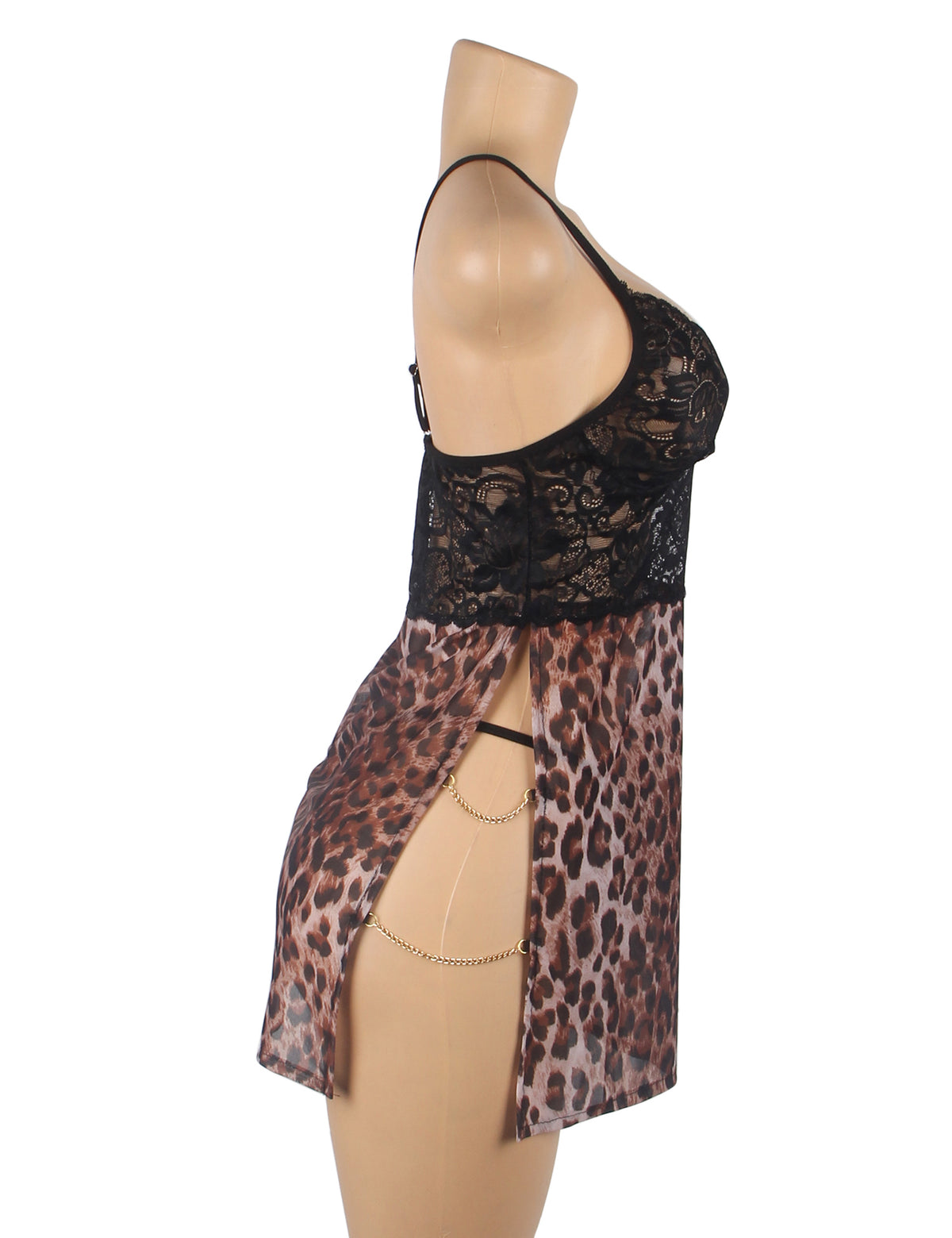 Leopard Print Mesh Lace Side Slit Sexy Lingerie &amp; Chains