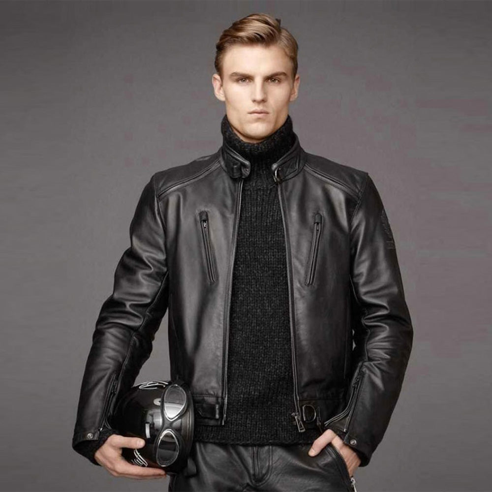 Black Cafe Racer Leather Jacket