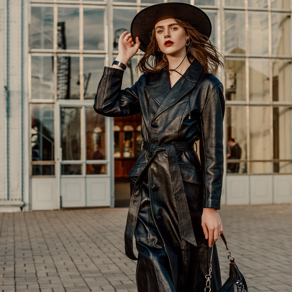 women's black long trench coat lambskin leather  zara