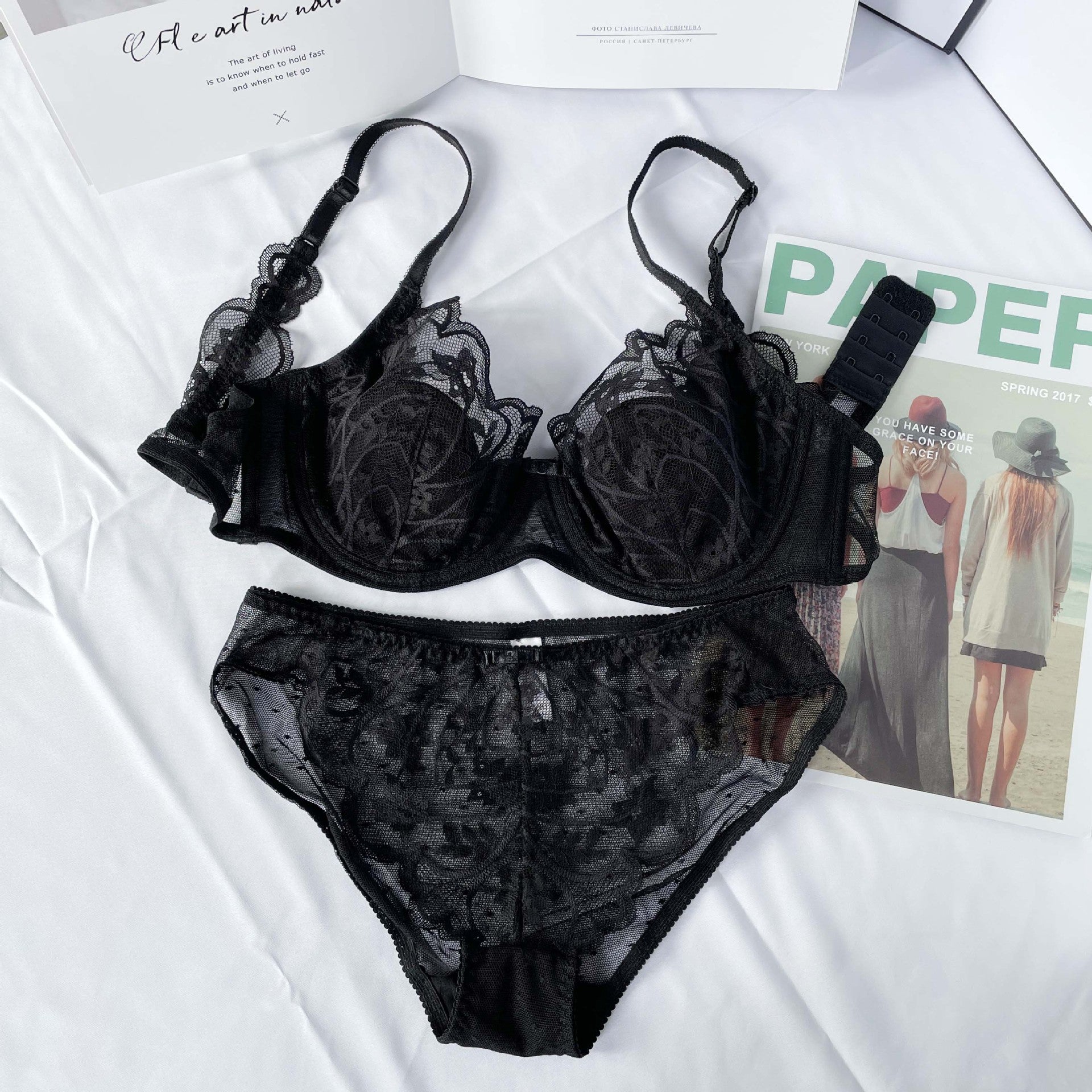 Plus Size Ultrathin Lace Bra And Panty Set Back With Fashion Embroidery  Black From Qz46, $19.74